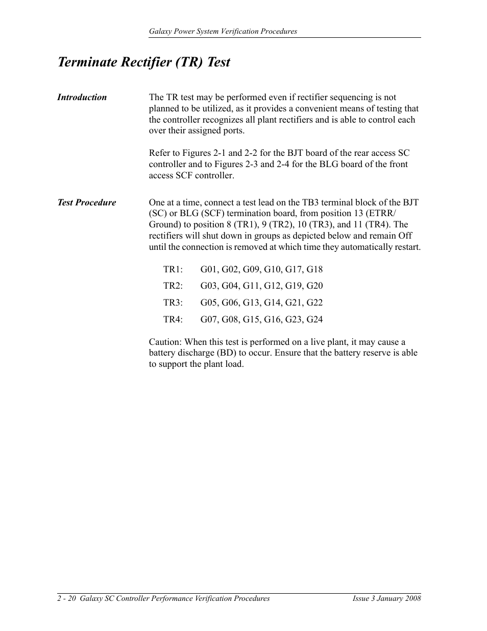 Terminate rectifier (tr) test | GE Industrial Solutions Galaxy Verification User Manual | Page 32 / 102