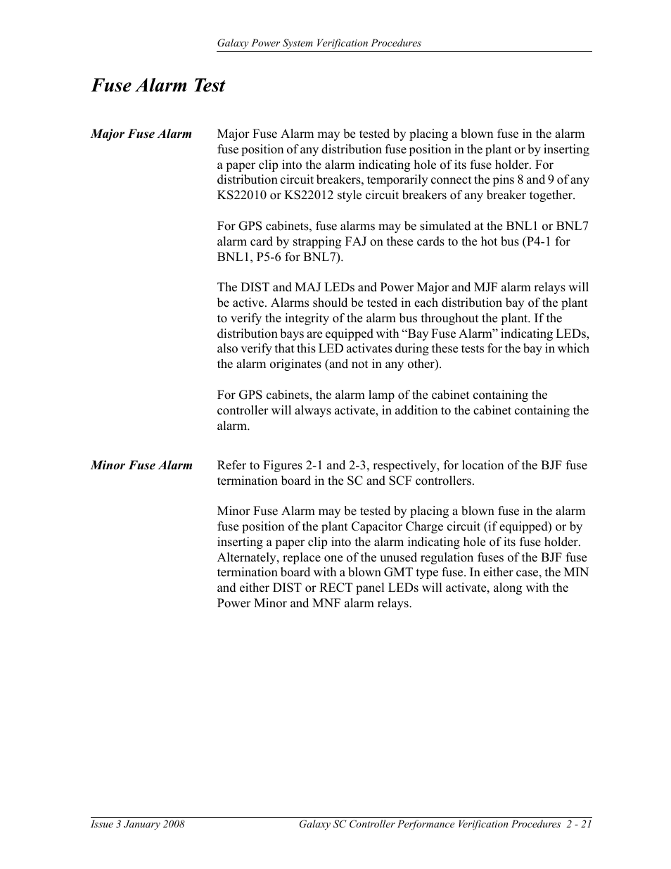 Fuse alarm test, Major fuse alarm, Minor fuse alarm | GE Industrial Solutions Galaxy Verification User Manual | Page 33 / 102