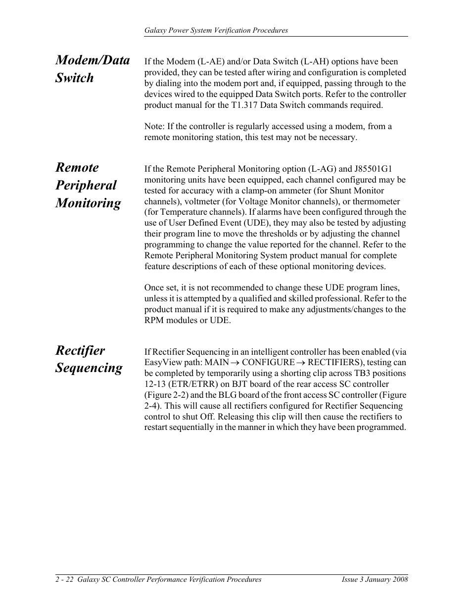 Modem/data switch, Remote peripheral monitoring, Rectifier sequencing | GE Industrial Solutions Galaxy Verification User Manual | Page 34 / 102