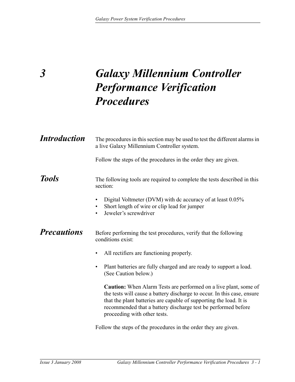 Introduction, Tools, Precautions | 3 galaxy millennium controller performance, Verification procedures | GE Industrial Solutions Galaxy Verification User Manual | Page 45 / 102
