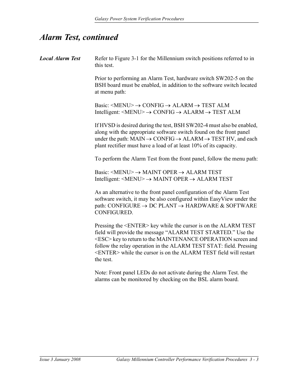 Local alarm test, Alarm test, continued | GE Industrial Solutions Galaxy Verification User Manual | Page 47 / 102