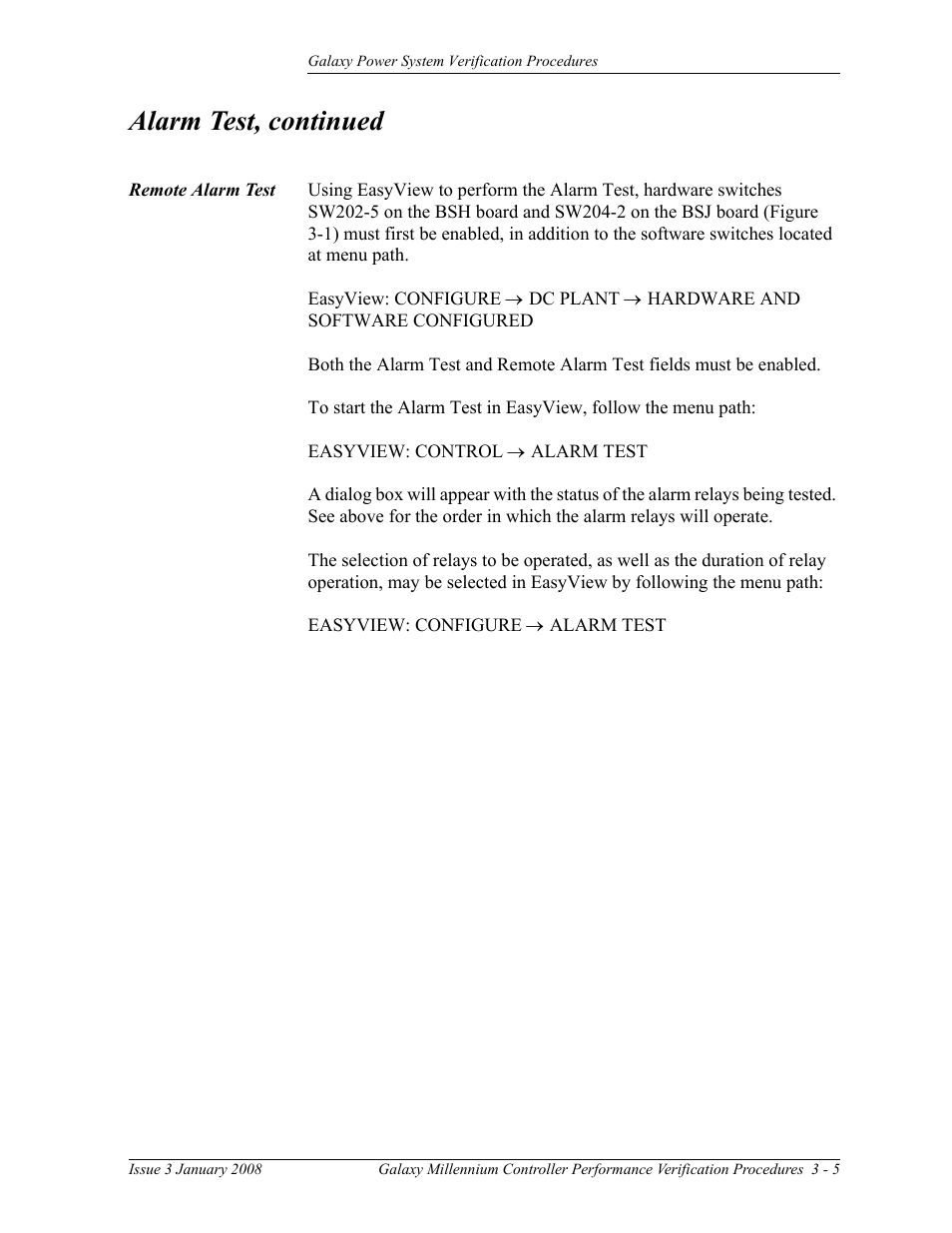 Remote alarm test, Alarm test, continued | GE Industrial Solutions Galaxy Verification User Manual | Page 49 / 102