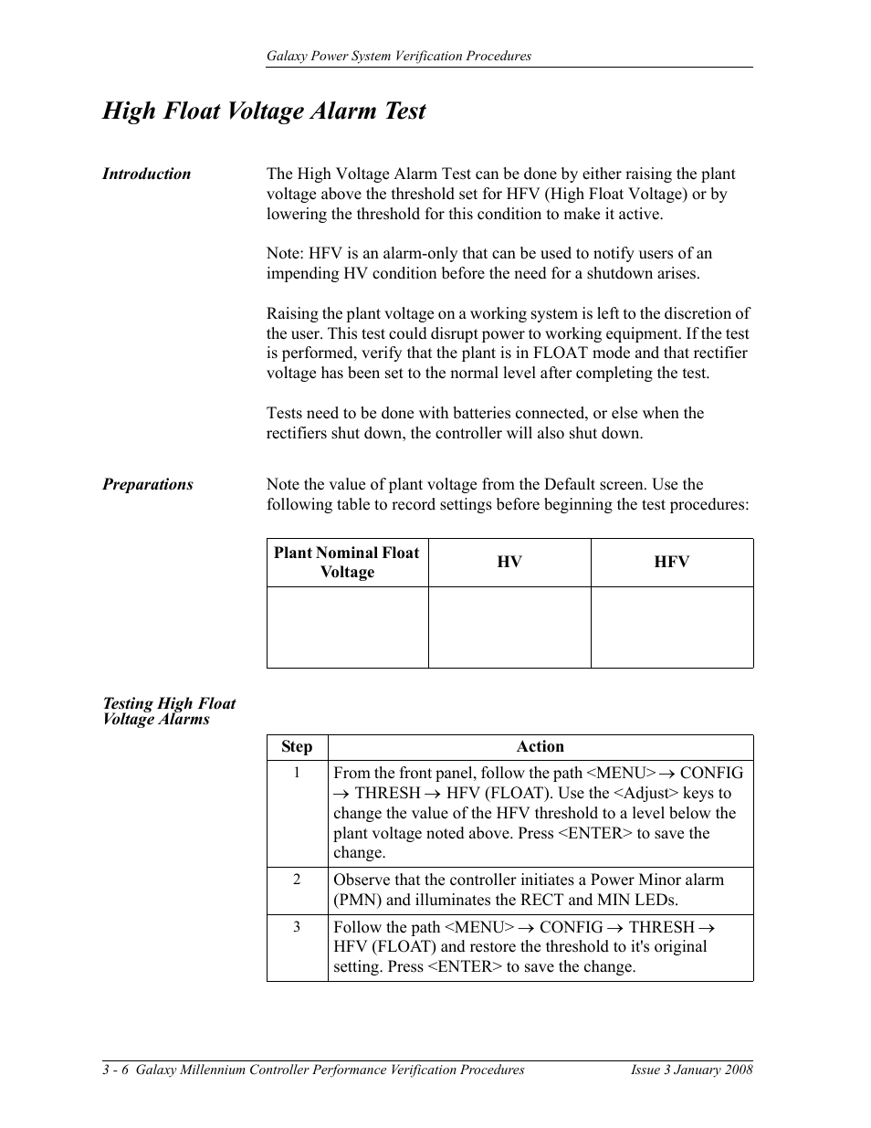 High float voltage alarm test, Introduction, Preparations | Testing high float voltage alarms | GE Industrial Solutions Galaxy Verification User Manual | Page 50 / 102