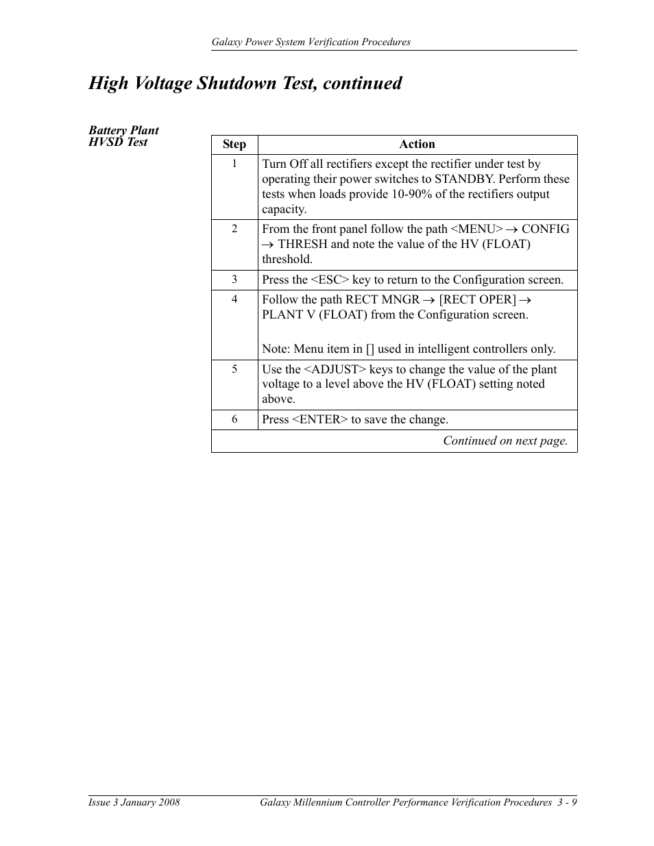 Battery plant hvsd test, High voltage shutdown test, continued | GE Industrial Solutions Galaxy Verification User Manual | Page 53 / 102