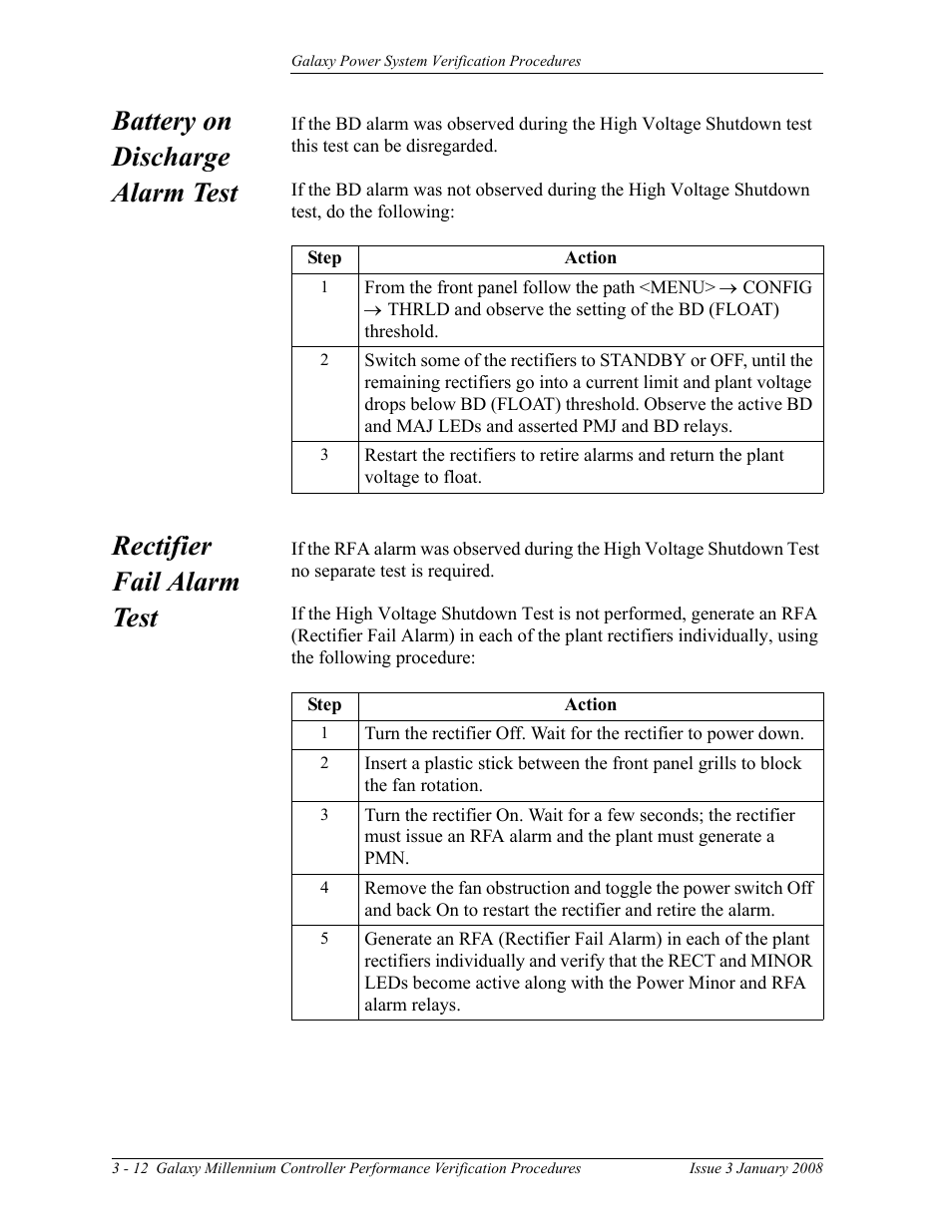 Battery on discharge alarm test, Rectifier fail alarm test | GE Industrial Solutions Galaxy Verification User Manual | Page 56 / 102