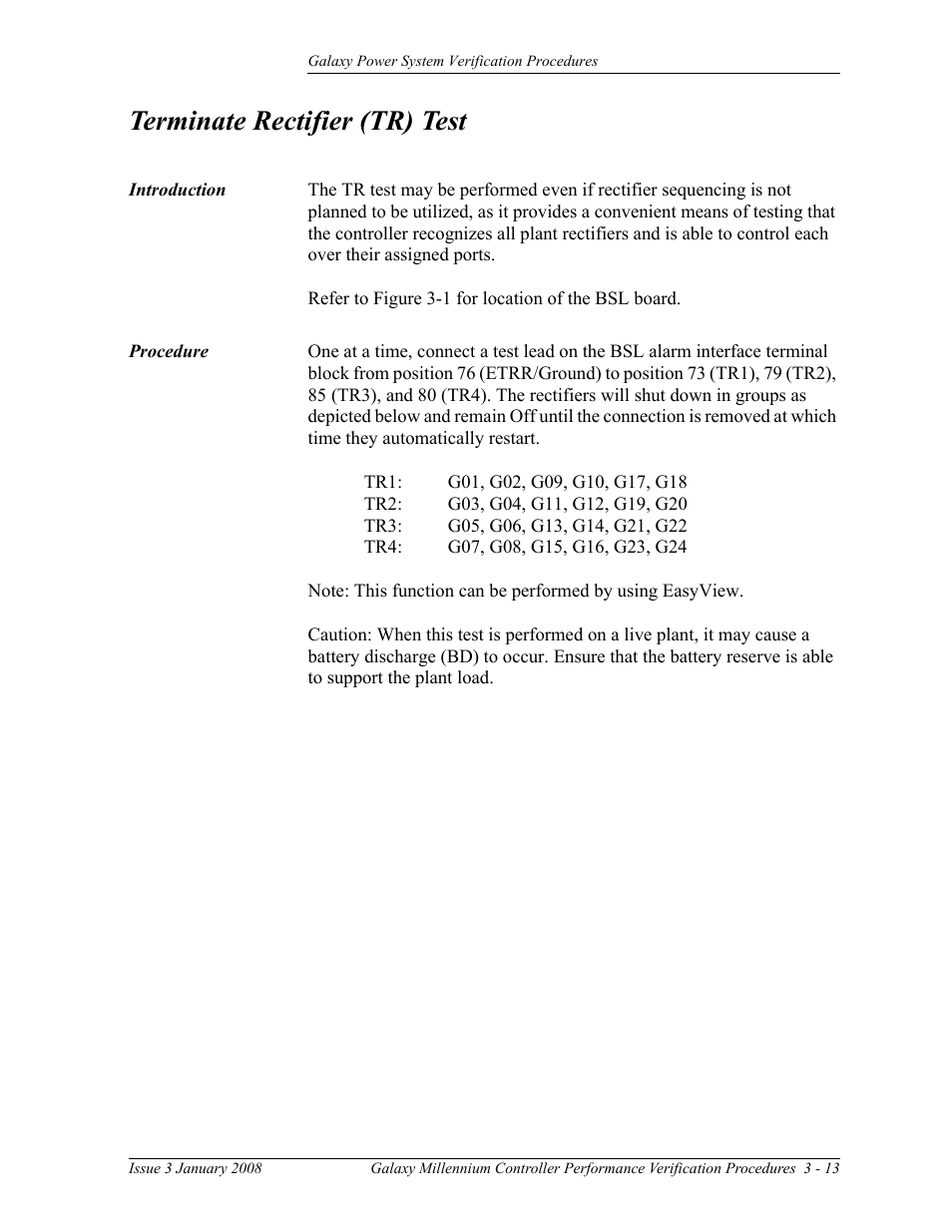Terminate rectifier (tr) test | GE Industrial Solutions Galaxy Verification User Manual | Page 57 / 102
