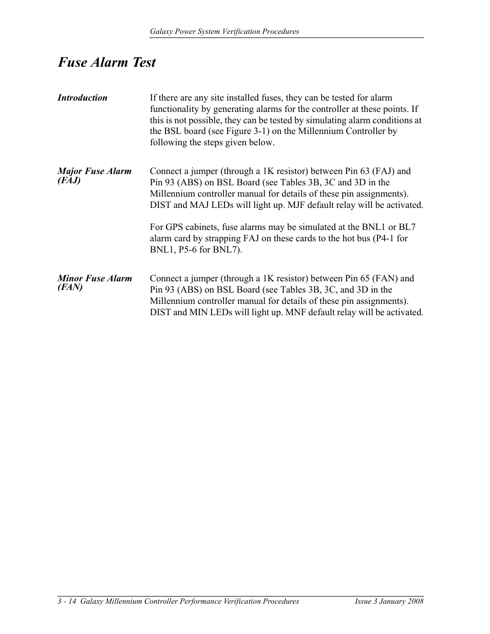 Fuse alarm test, Introduction, Major fuse alarm (faj) | Minor fuse alarm (fan) | GE Industrial Solutions Galaxy Verification User Manual | Page 58 / 102