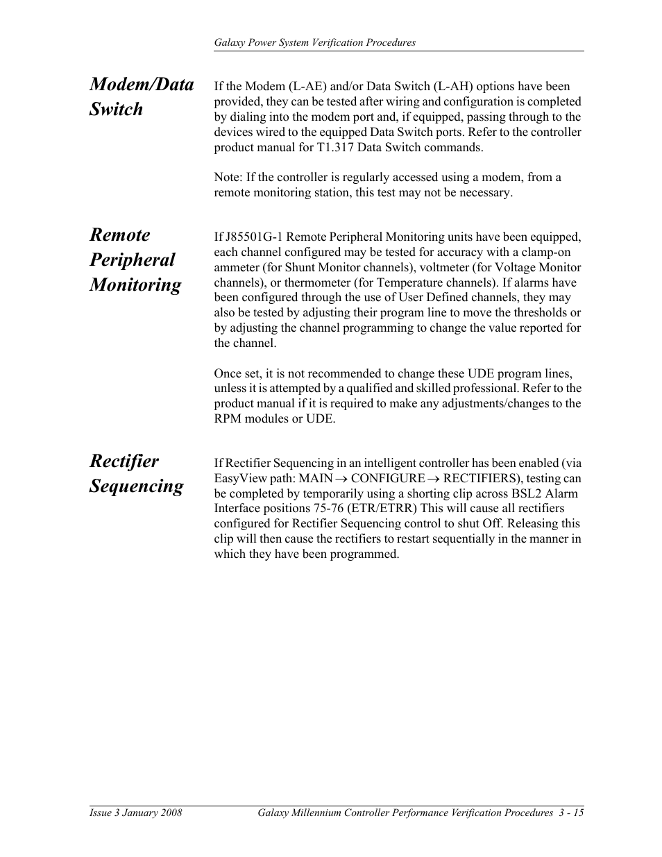 Modem/data switch, Remote peripheral monitoring, Rectifier sequencing | GE Industrial Solutions Galaxy Verification User Manual | Page 59 / 102