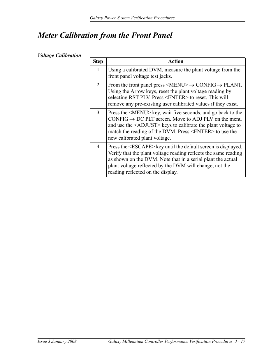 Meter calibration from the front panel, Voltage calibration | GE Industrial Solutions Galaxy Verification User Manual | Page 61 / 102