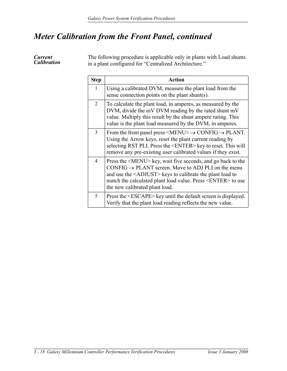 Current calibration, Meter calibration from the front panel, continued | GE Industrial Solutions Galaxy Verification User Manual | Page 62 / 102