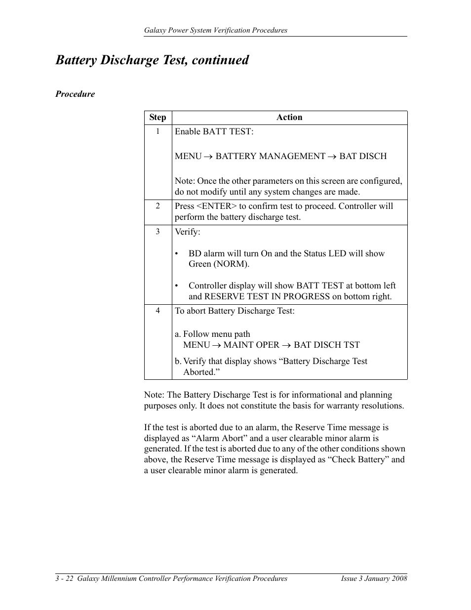 Procedure, Battery discharge test, continued | GE Industrial Solutions Galaxy Verification User Manual | Page 66 / 102