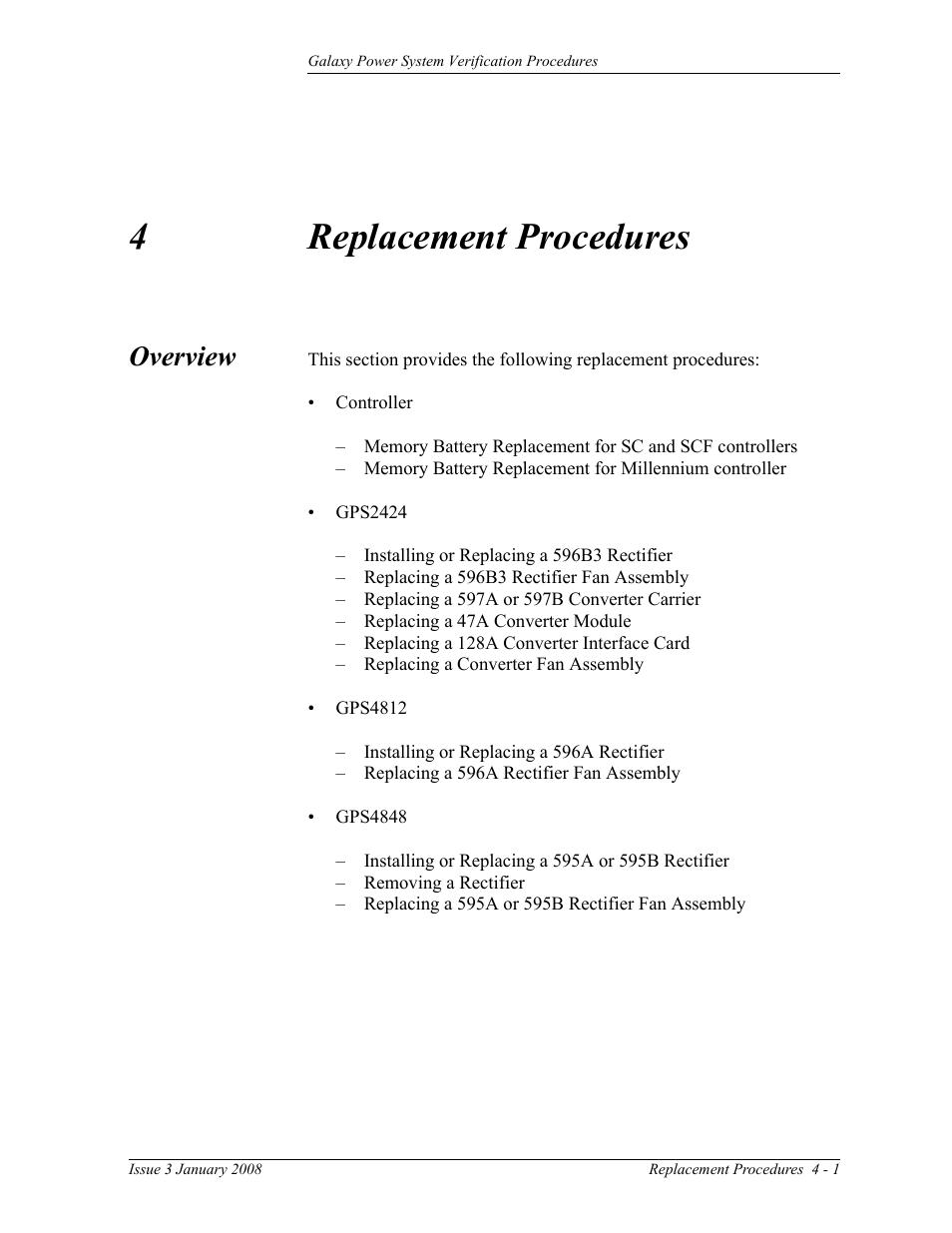 Replacement procedures, Overview, 4 replacement procedures | 4replacement procedures | GE Industrial Solutions Galaxy Verification User Manual | Page 69 / 102