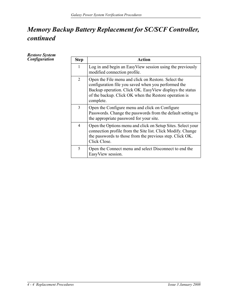 Restore system configuration | GE Industrial Solutions Galaxy Verification User Manual | Page 72 / 102