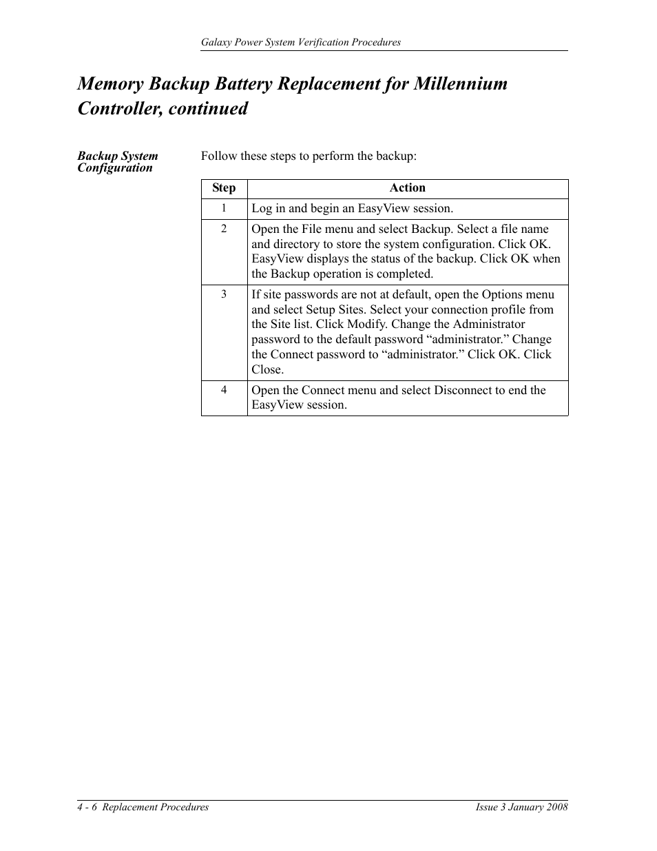 Backup system configuration | GE Industrial Solutions Galaxy Verification User Manual | Page 74 / 102