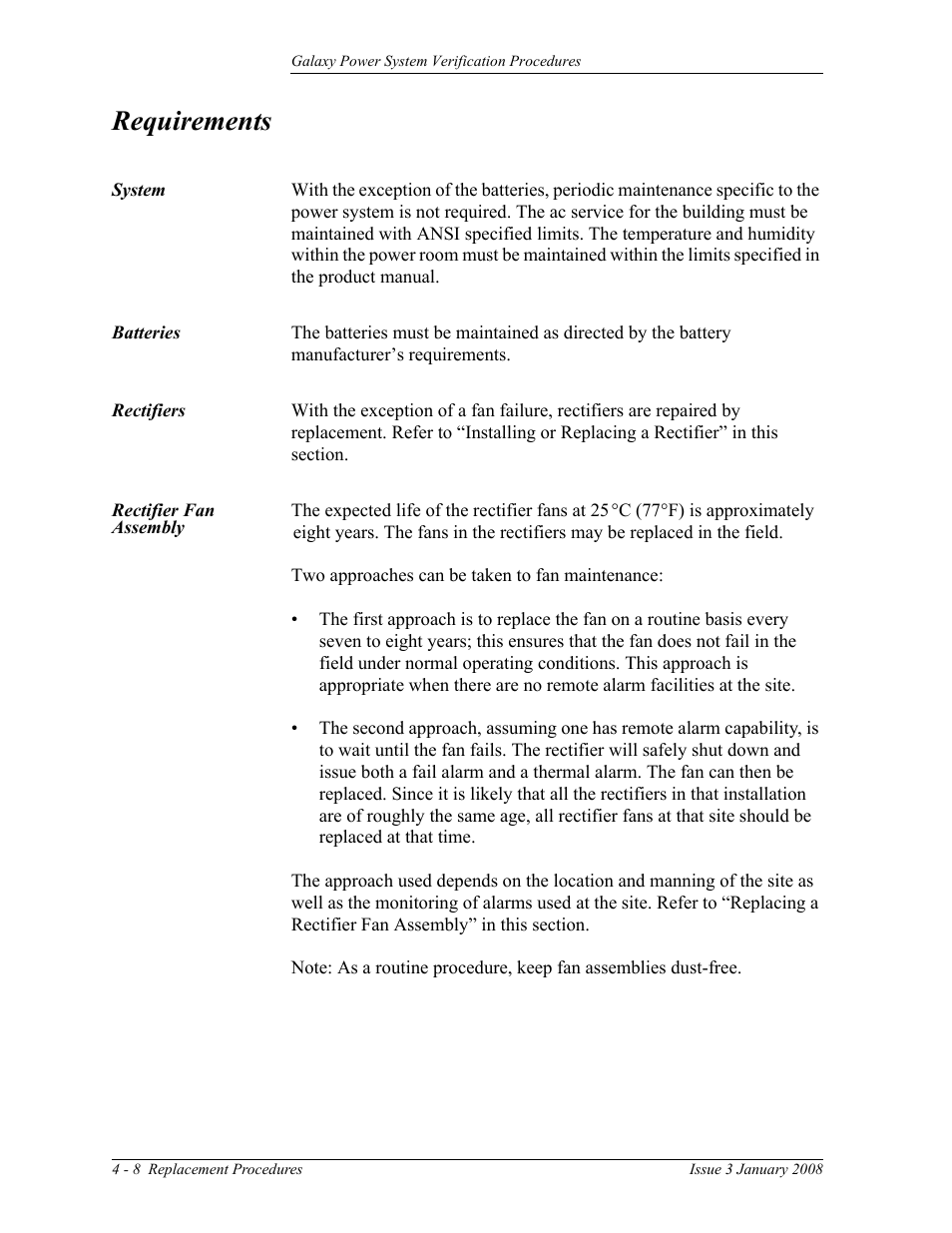 Requirements, System, Batteries | Rectifiers, Rectifier fan assembly | GE Industrial Solutions Galaxy Verification User Manual | Page 76 / 102