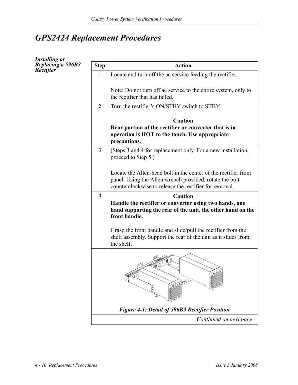 Gps2424 replacement procedures, Installing or replacing a 596b3 rectifier, Figure 4-1: detail of 596b3 rectifier position | GE Industrial Solutions Galaxy Verification User Manual | Page 78 / 102