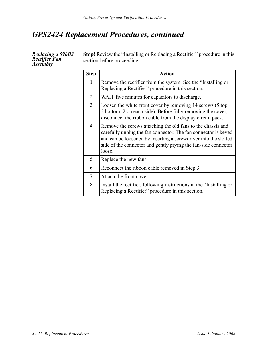 Replacing a 596b3 rectifier fan assembly, Gps2424 replacement procedures, continued | GE Industrial Solutions Galaxy Verification User Manual | Page 80 / 102