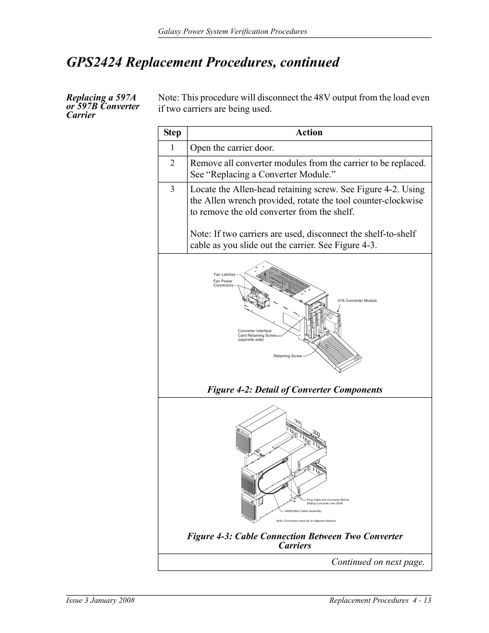 Replacing a 597a or 597b converter carrier, Figure 4-2: detail of converter components, Figure 4-3: cable connection between two converter | Carriers, Gps2424 replacement procedures, continued | GE Industrial Solutions Galaxy Verification User Manual | Page 81 / 102