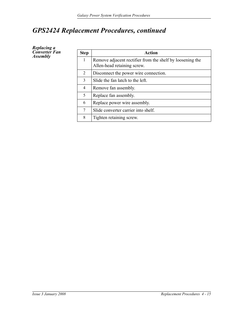 Replacing a converter fan assembly, Gps2424 replacement procedures, continued | GE Industrial Solutions Galaxy Verification User Manual | Page 83 / 102