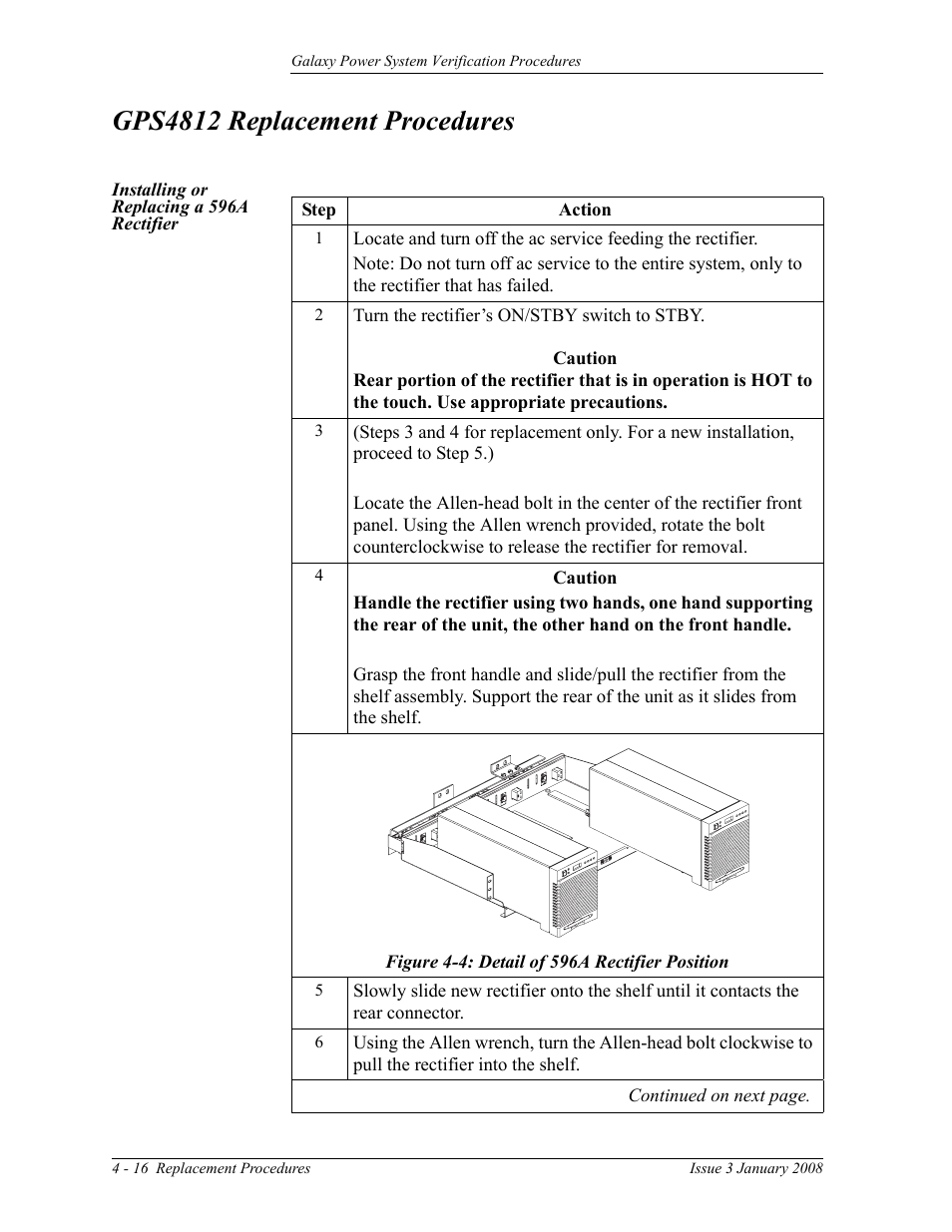Gps4812 replacement procedures, Installing or replacing a 596a rectifier, Figure 4-4: detail of 596a rectifier position | Gps4812 | GE Industrial Solutions Galaxy Verification User Manual | Page 84 / 102