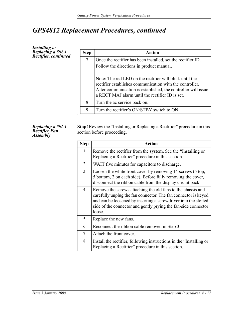 Replacing a 596a rectifier fan assembly, Gps4812 replacement procedures, continued | GE Industrial Solutions Galaxy Verification User Manual | Page 85 / 102