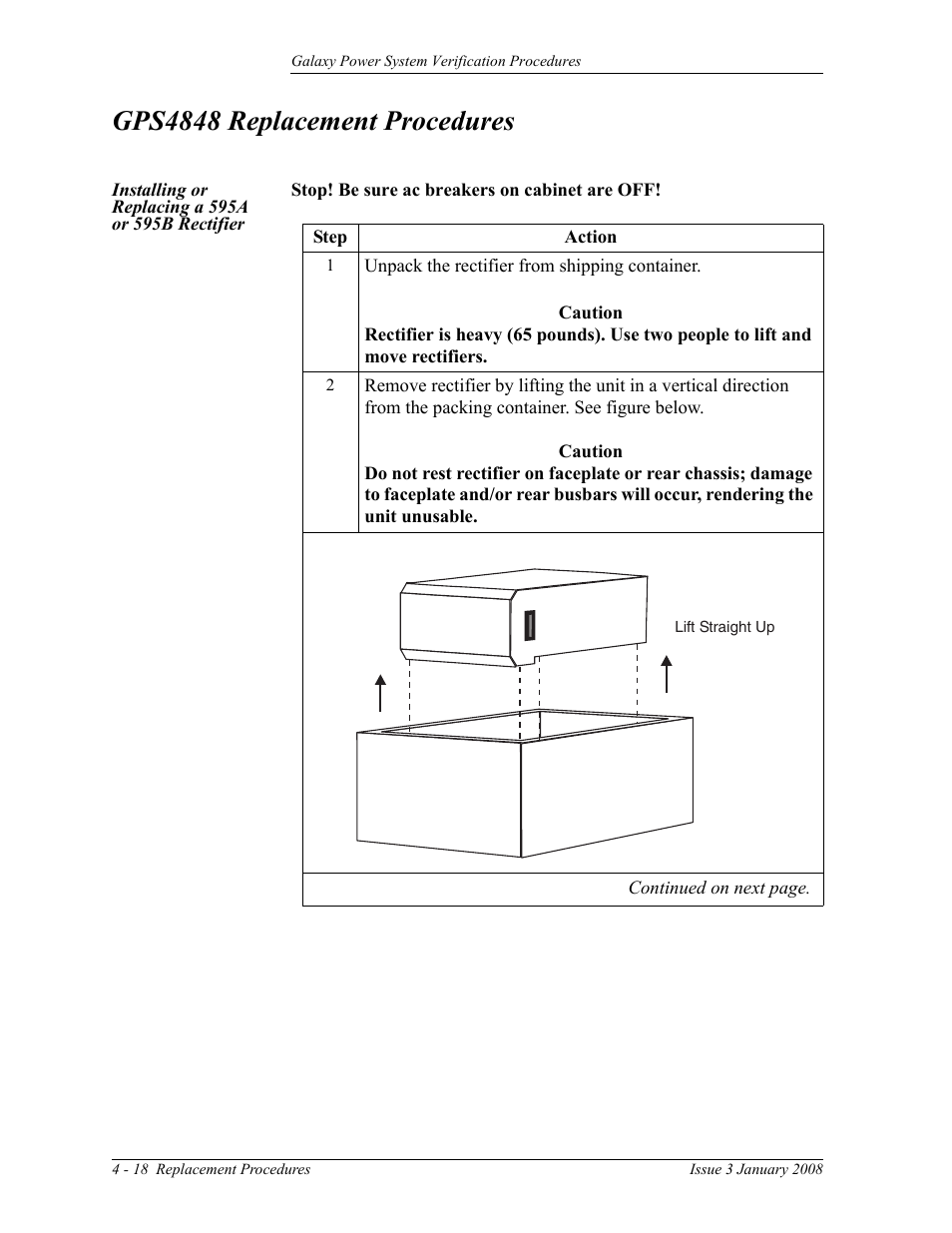 Gps4848 replacement procedures, Installing or replacing a 595a or 595b rectifier, Gps4848 | GE Industrial Solutions Galaxy Verification User Manual | Page 86 / 102
