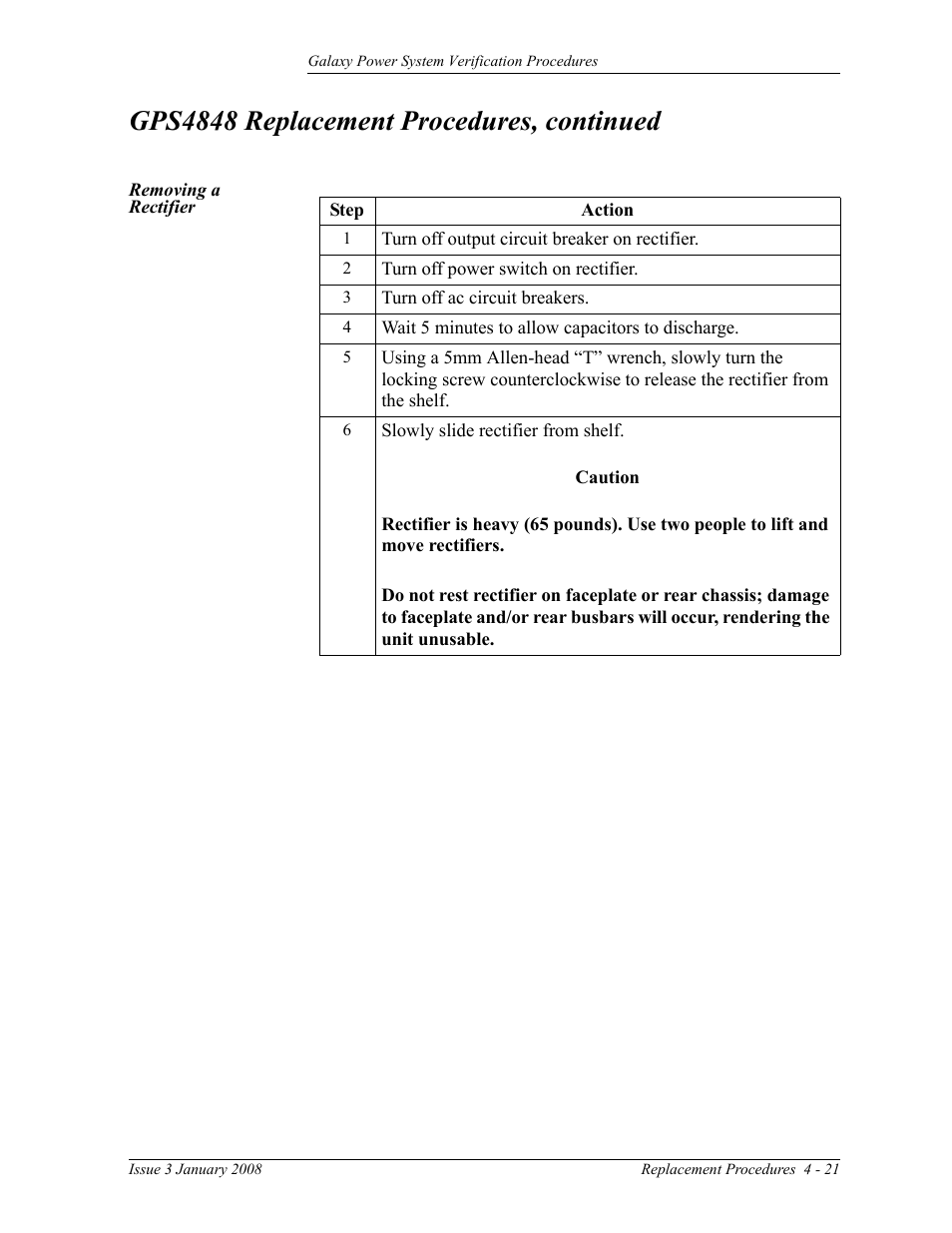 Removing a rectifier, Gps4848 replacement procedures, continued | GE Industrial Solutions Galaxy Verification User Manual | Page 89 / 102