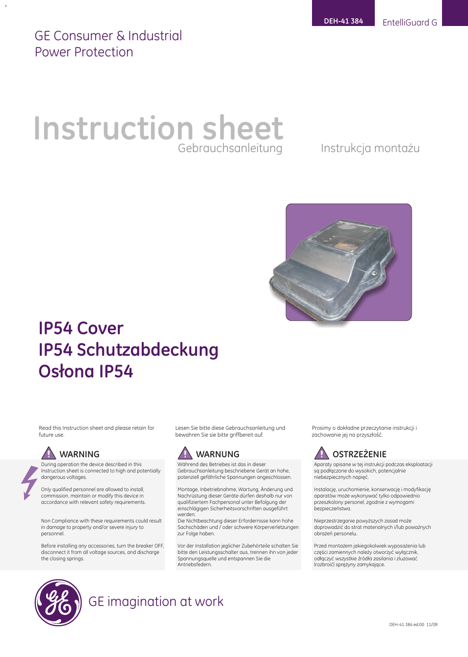 GE Industrial Solutions EntelliGuard G IP54 Cover User Manual | 4 pages