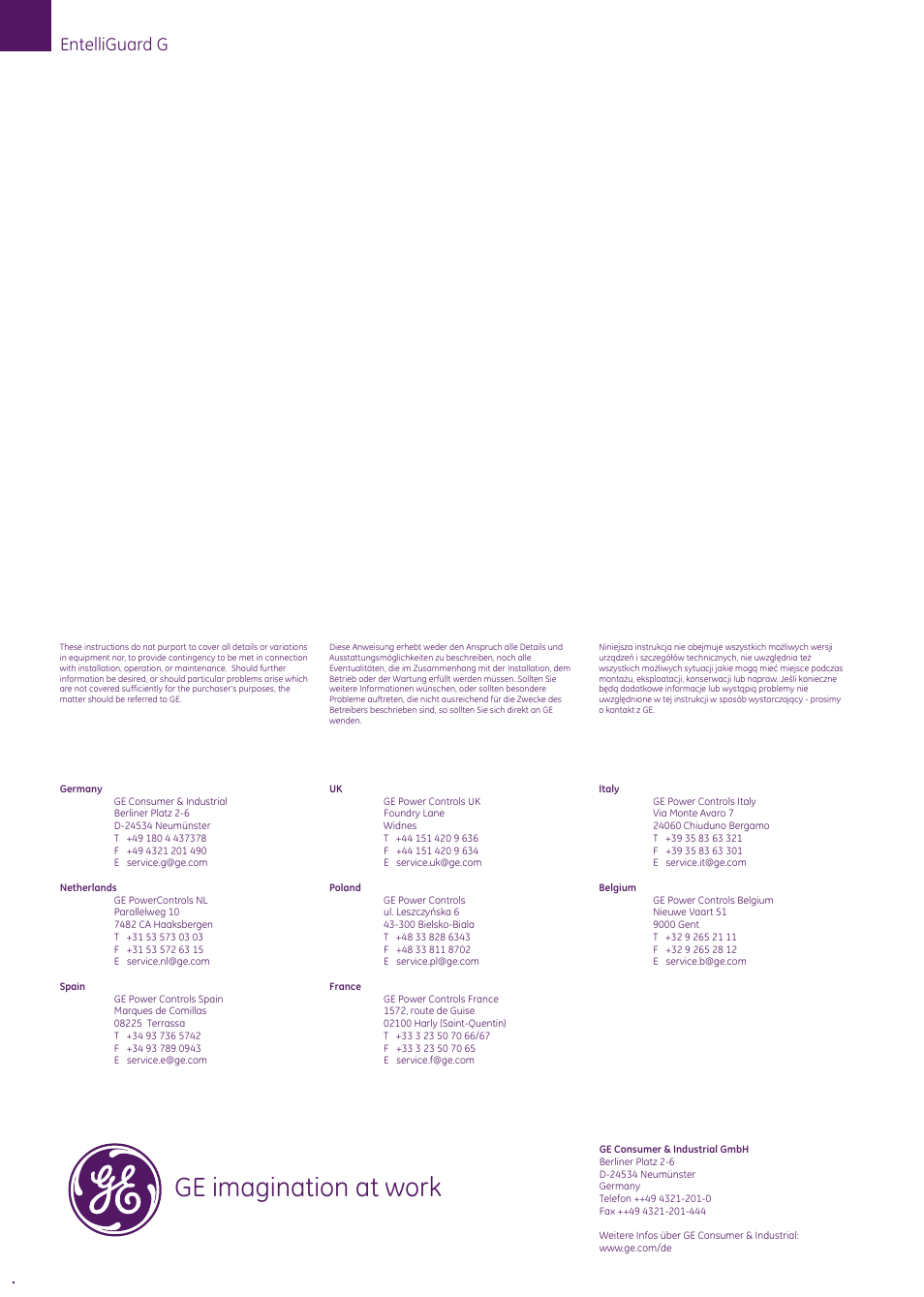 Seite4, Ge imagination at work, Entelliguard g | GE Industrial Solutions EntelliGuard G IP54 Cover User Manual | Page 4 / 4