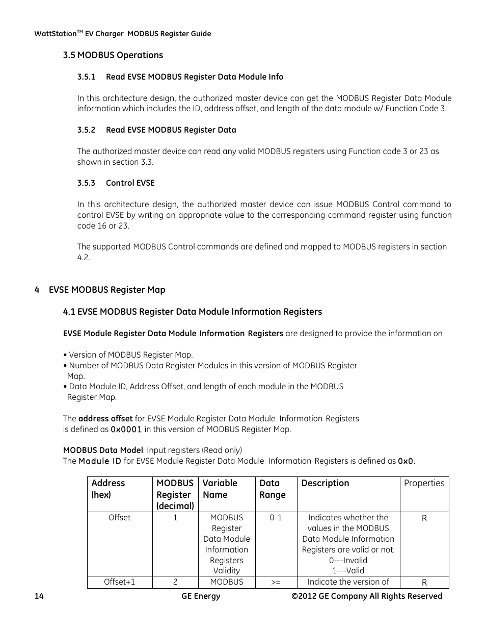 5! modbus operations, Evse modbus register map | GE Industrial Solutions WattStation Pedestal EVSE Charger MODBUS Register Mapping Guide User Manual | Page 14 / 25