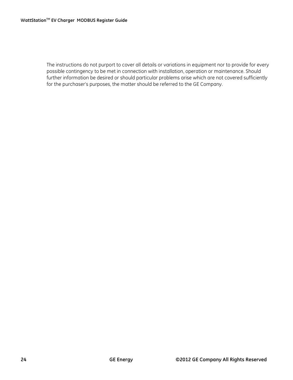 GE Industrial Solutions WattStation Pedestal EVSE Charger MODBUS Register Mapping Guide User Manual | Page 24 / 25