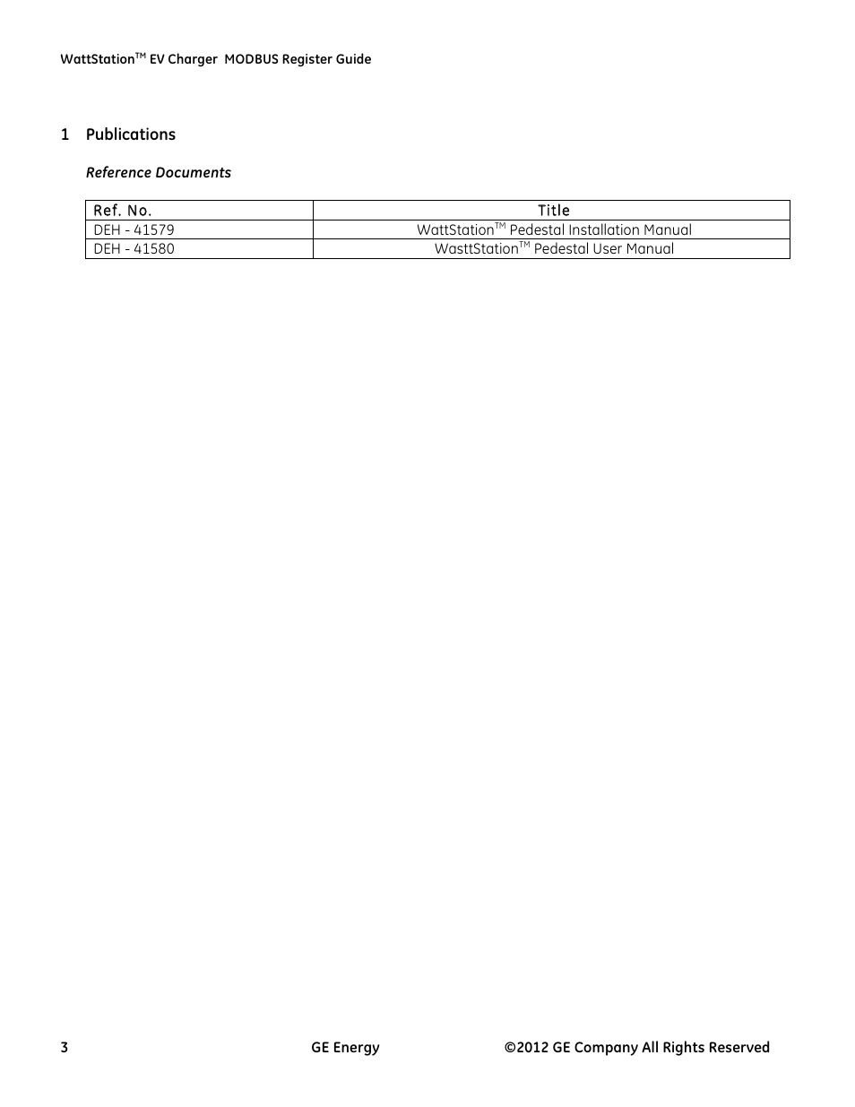 Publications | GE Industrial Solutions WattStation Pedestal EVSE Charger MODBUS Register Mapping Guide User Manual | Page 3 / 25