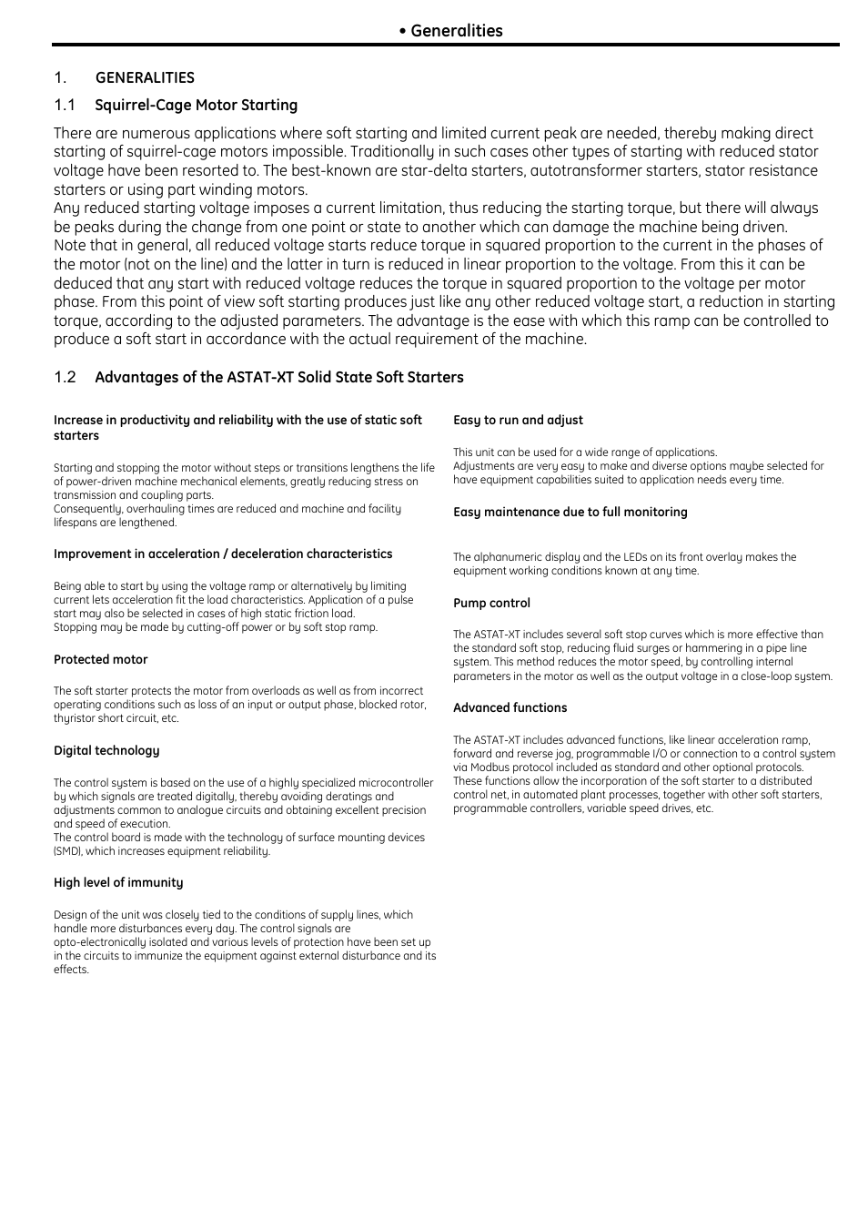 Generalities, 1 squirrel-cage motor starting | GE Industrial Solutions ASTAT XT User Manual | Page 7 / 123