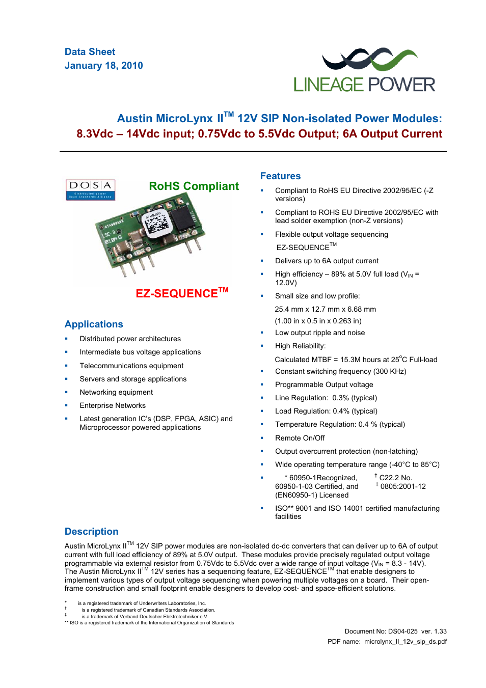 GE Industrial Solutions Austin MicroLynx II 12V SIP User Manual | 19 pages