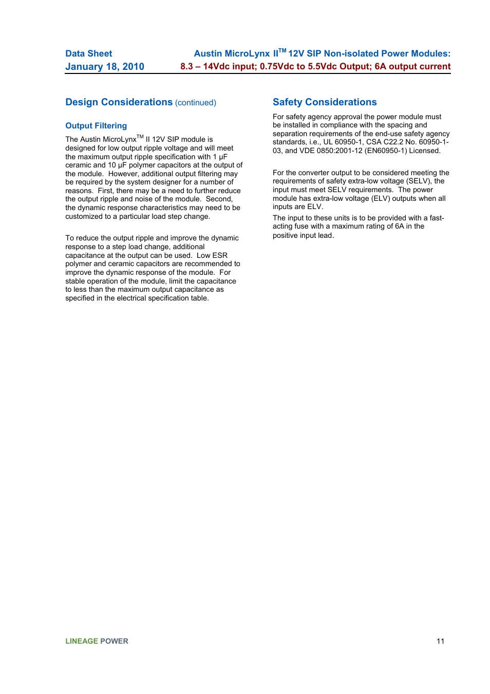 Output filtering, Design considerations, Safety considerations | GE Industrial Solutions Austin MicroLynx II 12V SIP User Manual | Page 11 / 19