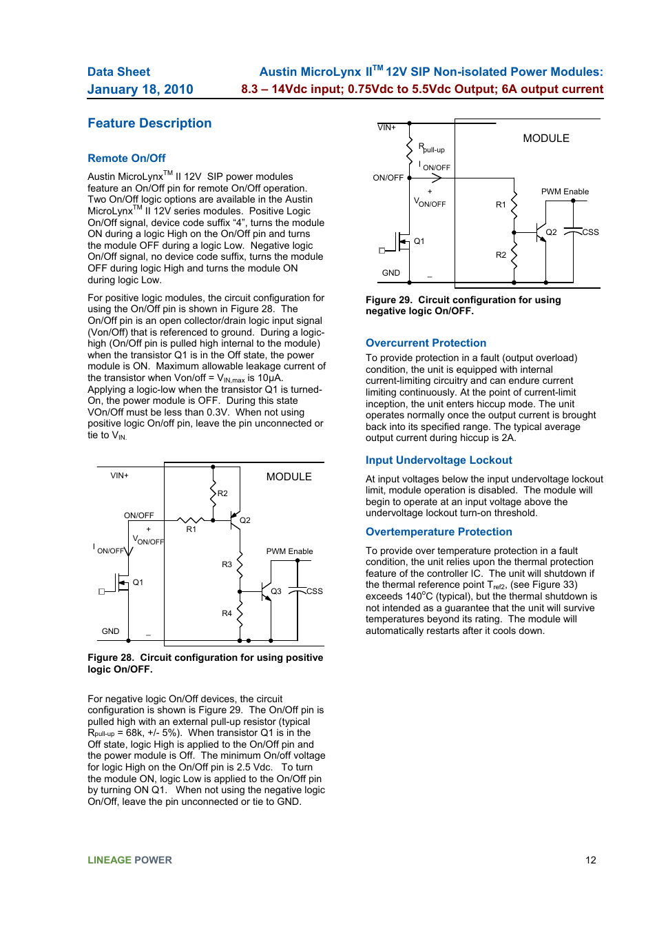 Feature description, Remote on/off, Input undervoltage lockout | Overtemperature protection, Data sheet, Austin microlynx | GE Industrial Solutions Austin MicroLynx II 12V SIP User Manual | Page 12 / 19