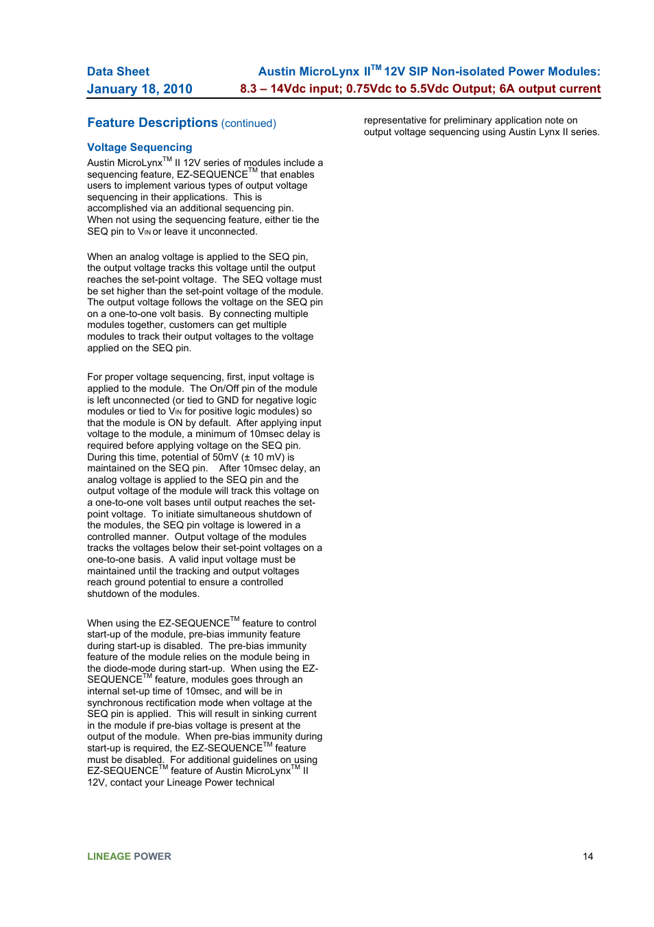 Voltage sequencing, Feature descriptions, Data sheet | Austin microlynx | GE Industrial Solutions Austin MicroLynx II 12V SIP User Manual | Page 14 / 19