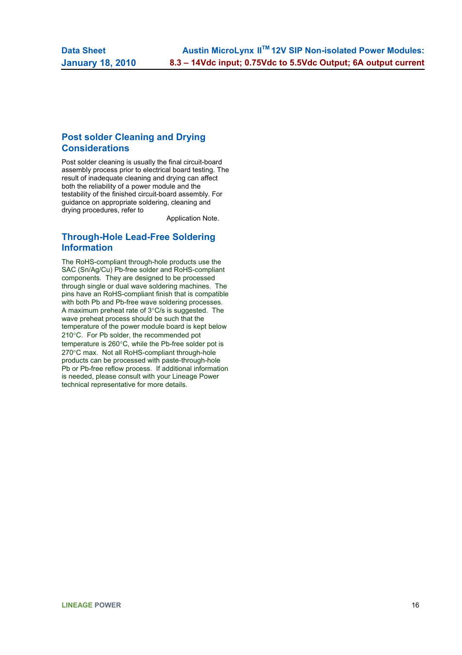 Through-hole lead-free soldering information, Post solder cleaning and drying considerations | GE Industrial Solutions Austin MicroLynx II 12V SIP User Manual | Page 16 / 19