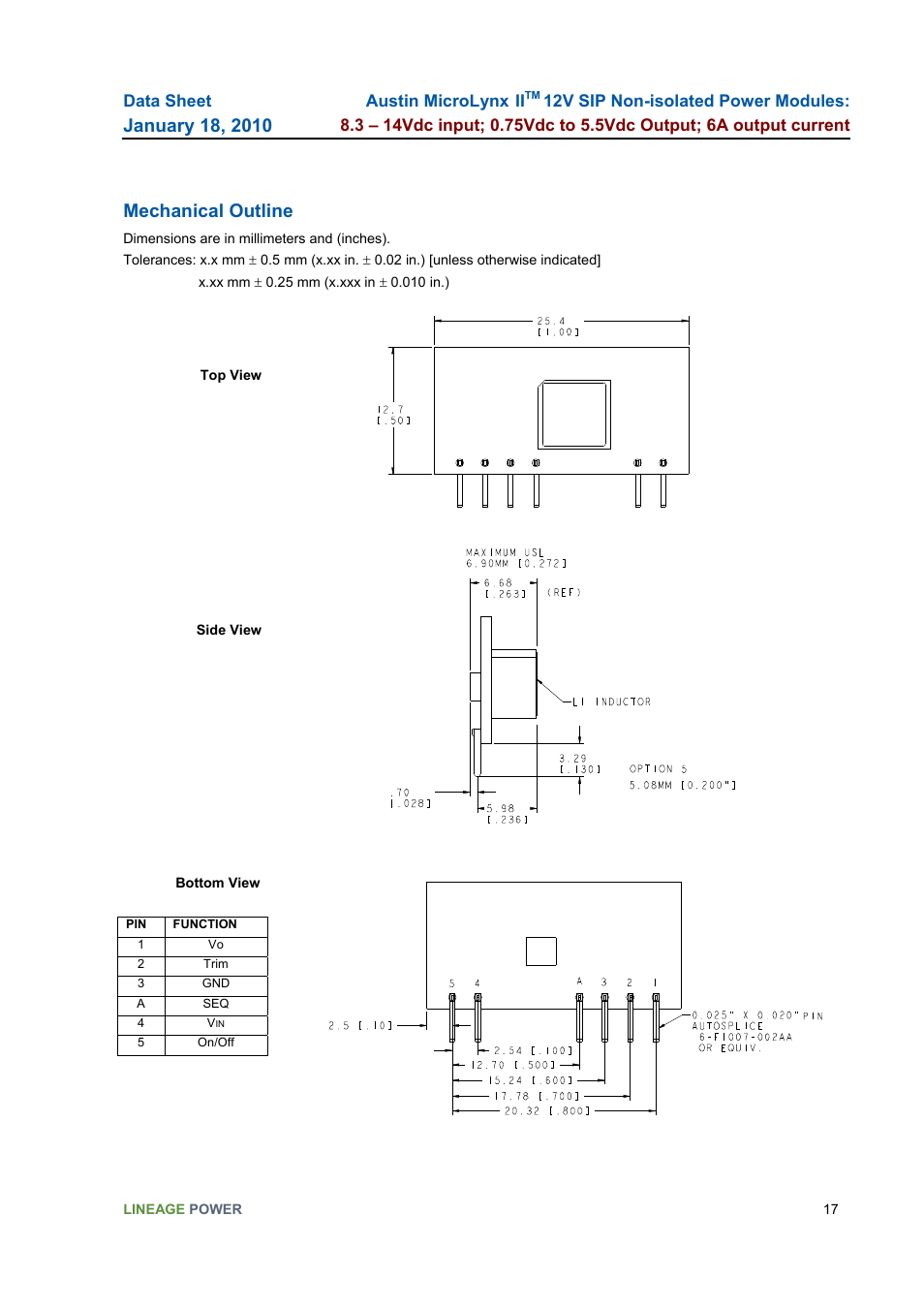 Mechanical outline, Top view | GE Industrial Solutions Austin MicroLynx II 12V SIP User Manual | Page 17 / 19