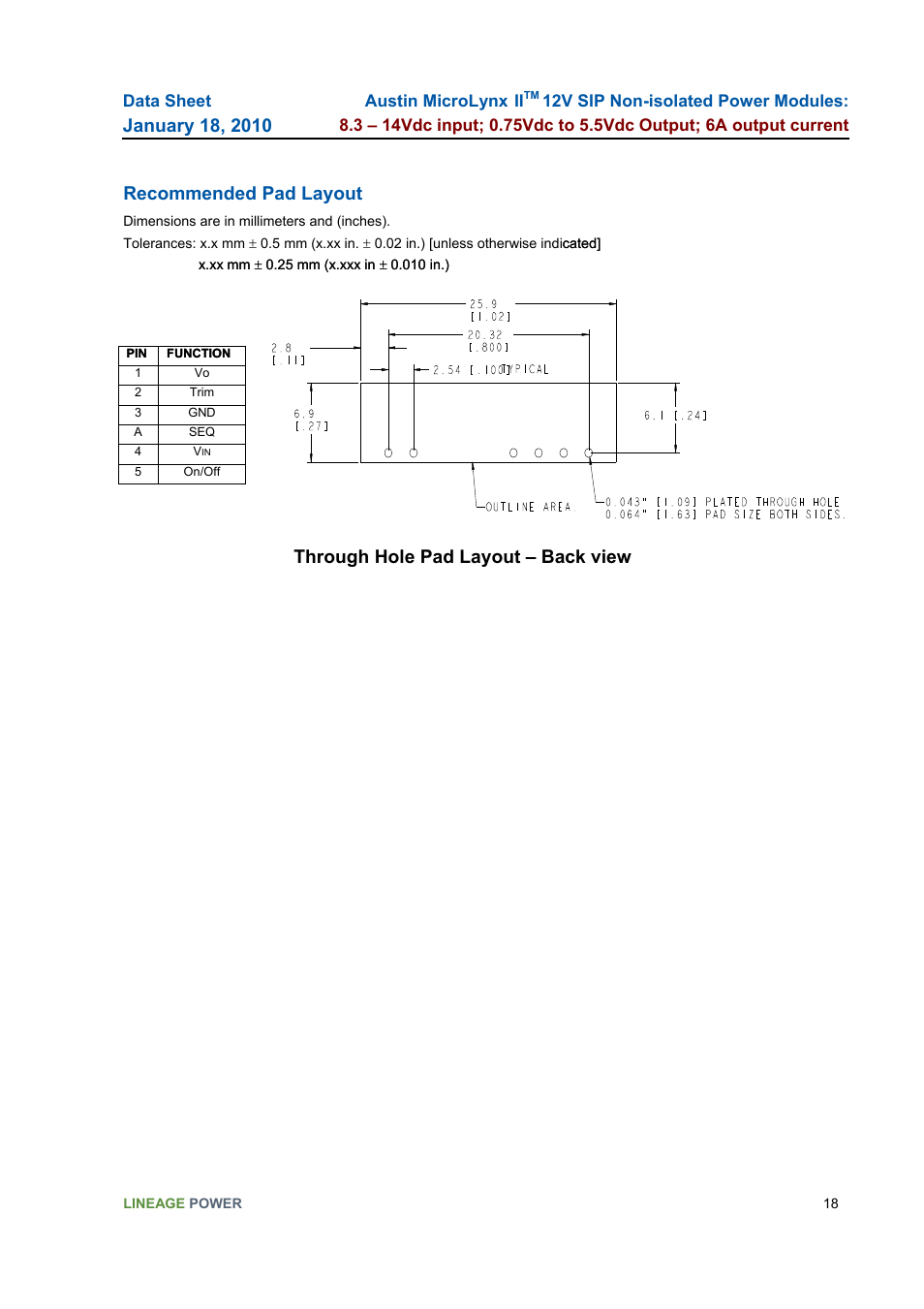 Recommended pad layout, Through hole pad layout – back view | GE Industrial Solutions Austin MicroLynx II 12V SIP User Manual | Page 18 / 19