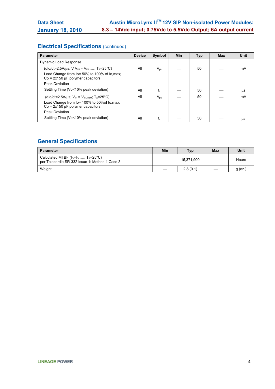Electrical specifications (continued), General specifications, Electrical specifications | Data sheet, Austin microlynx, Continued) | GE Industrial Solutions Austin MicroLynx II 12V SIP User Manual | Page 4 / 19