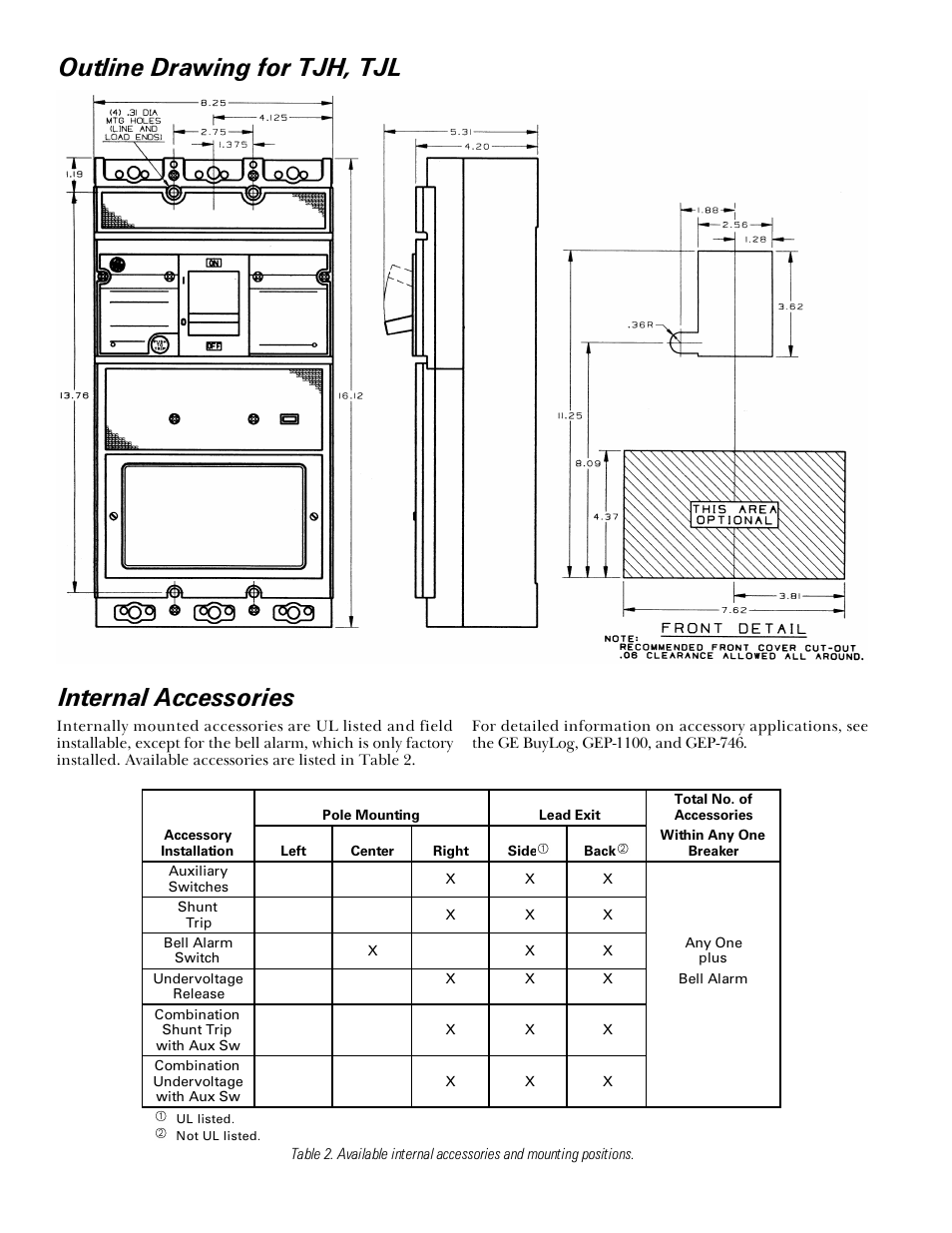 Outline drawing for tjh, tjl internal accessories | GE Industrial Solutions TJH-TJL with MicroVersaTrip Plus User Manual | Page 2 / 4