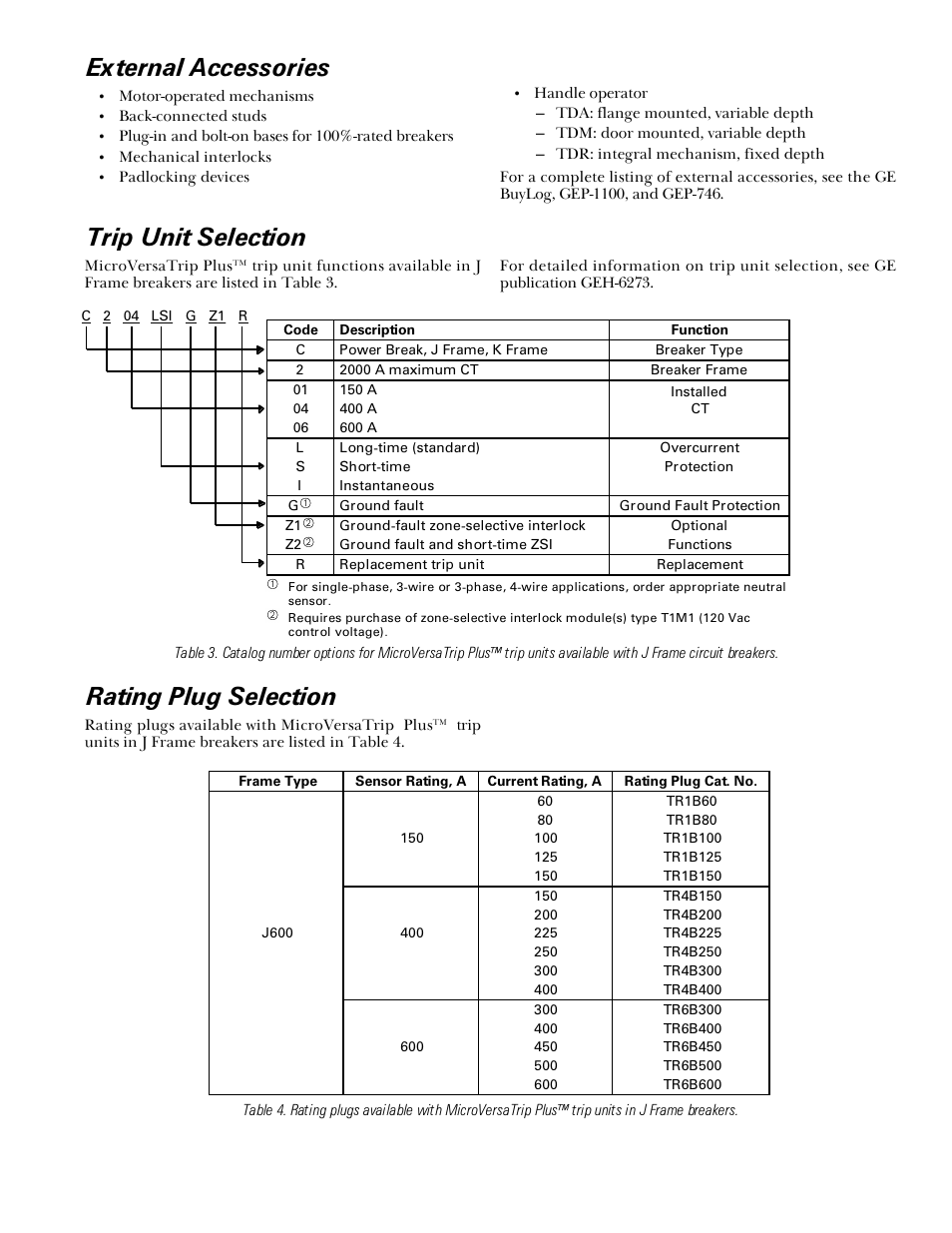 External accessories, Trip unit selection, Rating plug selection | GE Industrial Solutions TJH-TJL with MicroVersaTrip Plus User Manual | Page 3 / 4