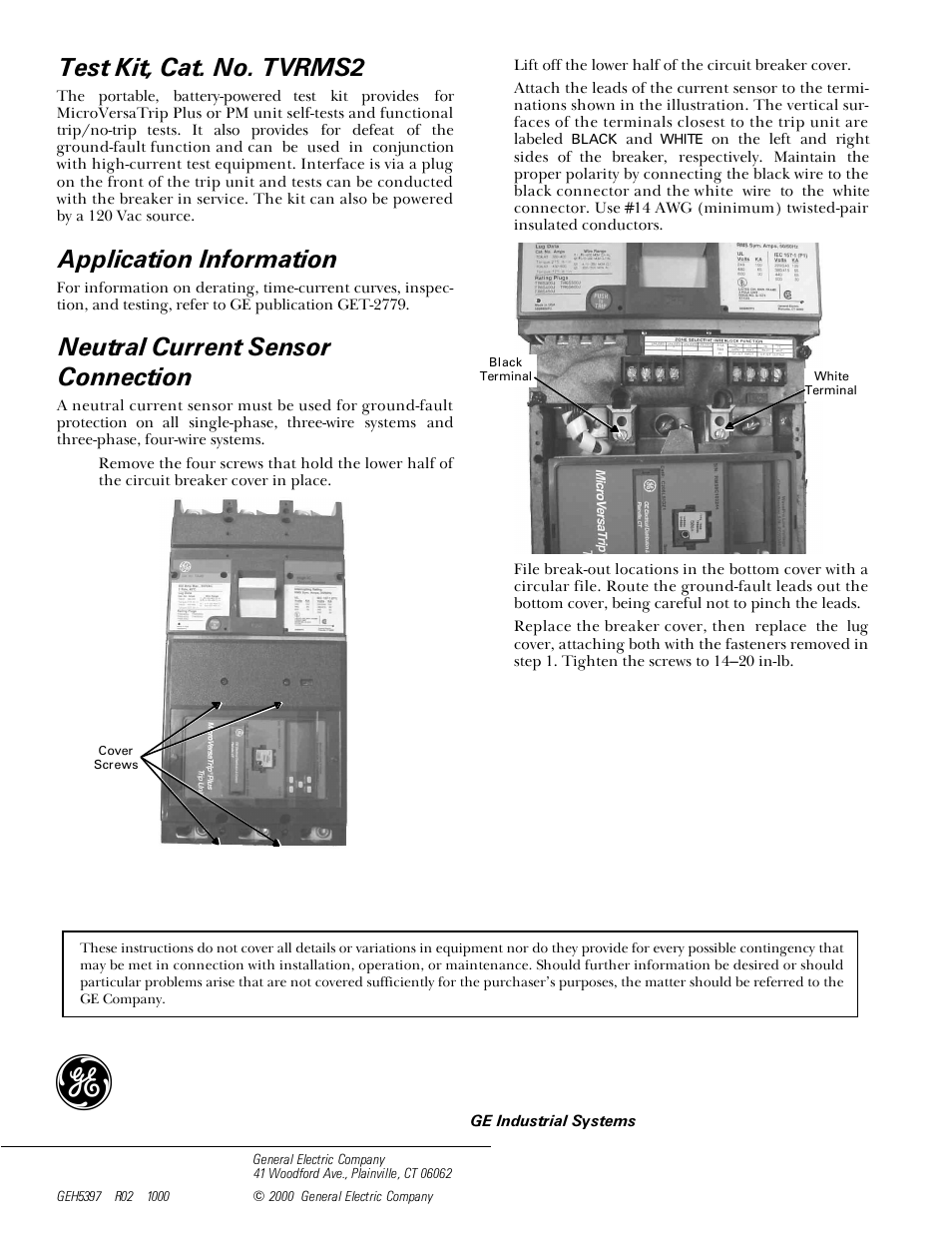 Test kit, cat. no. tvrms2, Application information, Neutral current sensor connection | GE Industrial Solutions TJH-TJL with MicroVersaTrip Plus User Manual | Page 4 / 4