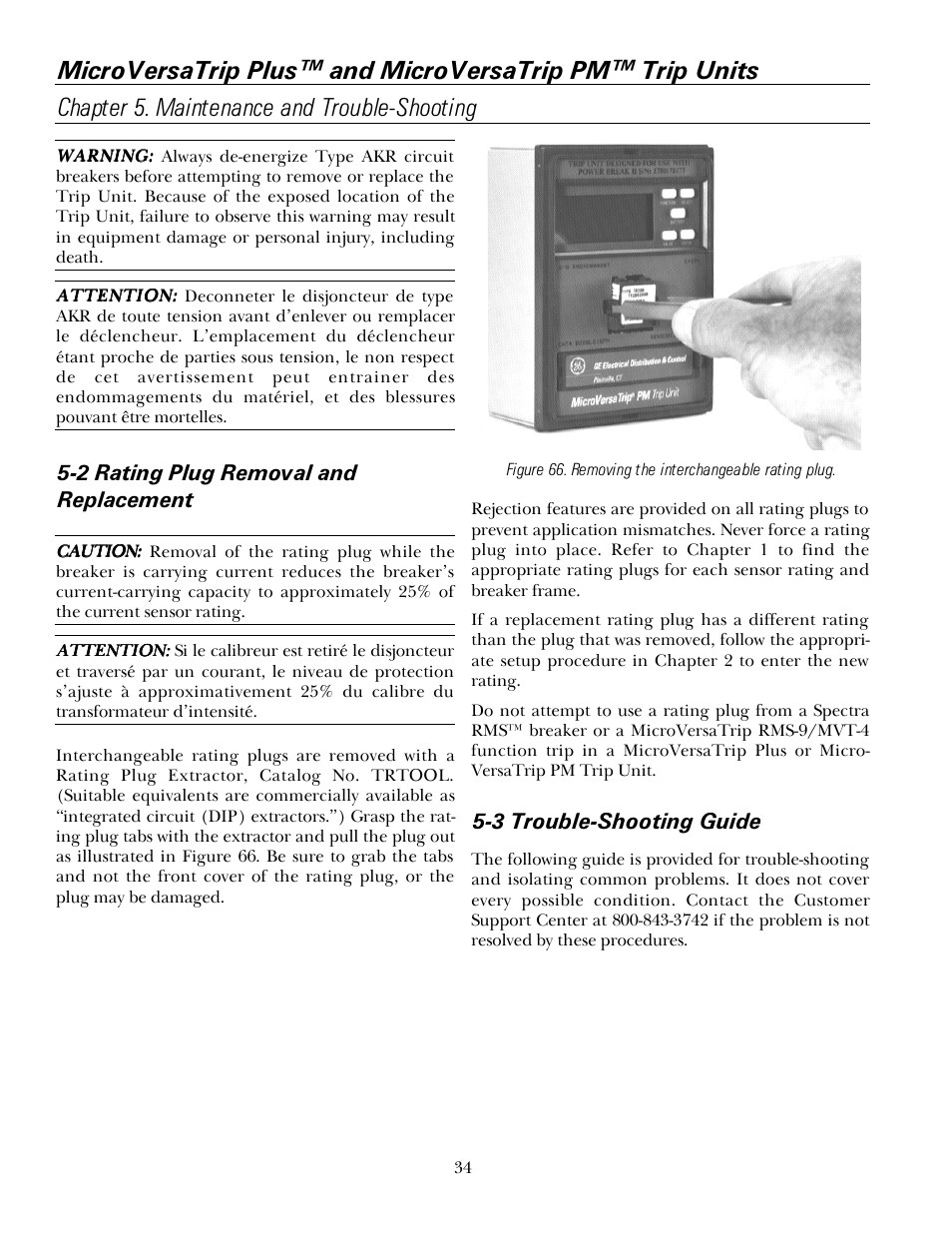 2 rating plug removal and replacement, 3 trouble-shooting guide | GE Industrial Solutions MicroVersaTrip PM User Manual | Page 44 / 52