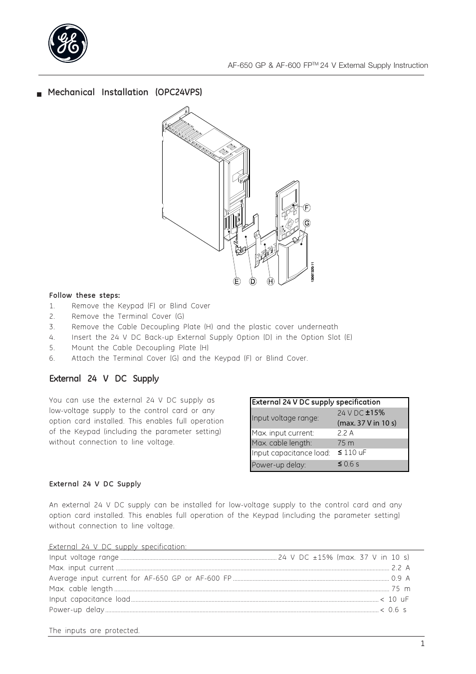 GE Industrial Solutions AF-650 GP 24V DC External Supply Module User Manual | 2 pages