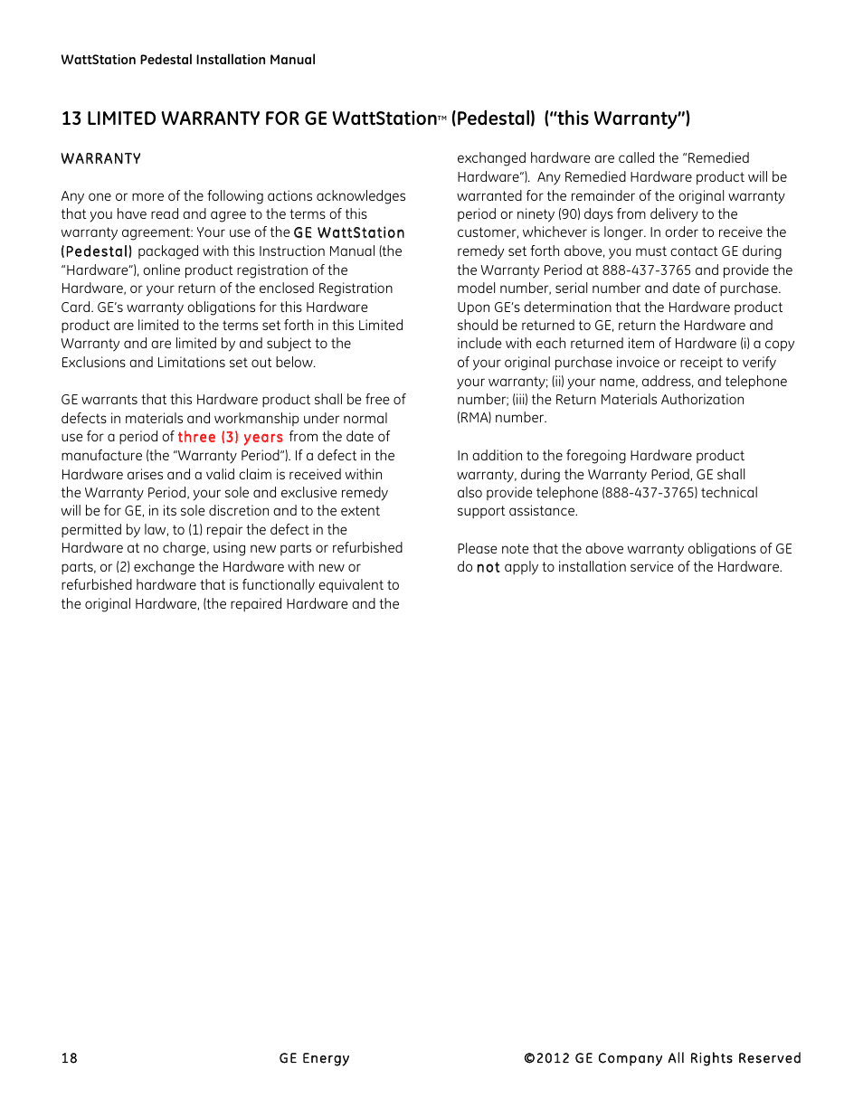 Warranty, 13 limited warranty for ge wattstation, Pedestal) (“this warranty”) | GE Industrial Solutions WattStation Pedestal EVSE Charger Installation User Manual | Page 18 / 20