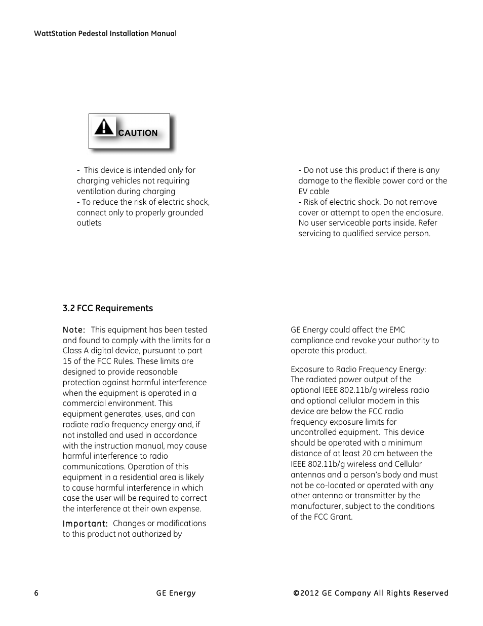 Fcc requirements | GE Industrial Solutions WattStation Pedestal EVSE Charger Installation User Manual | Page 6 / 20