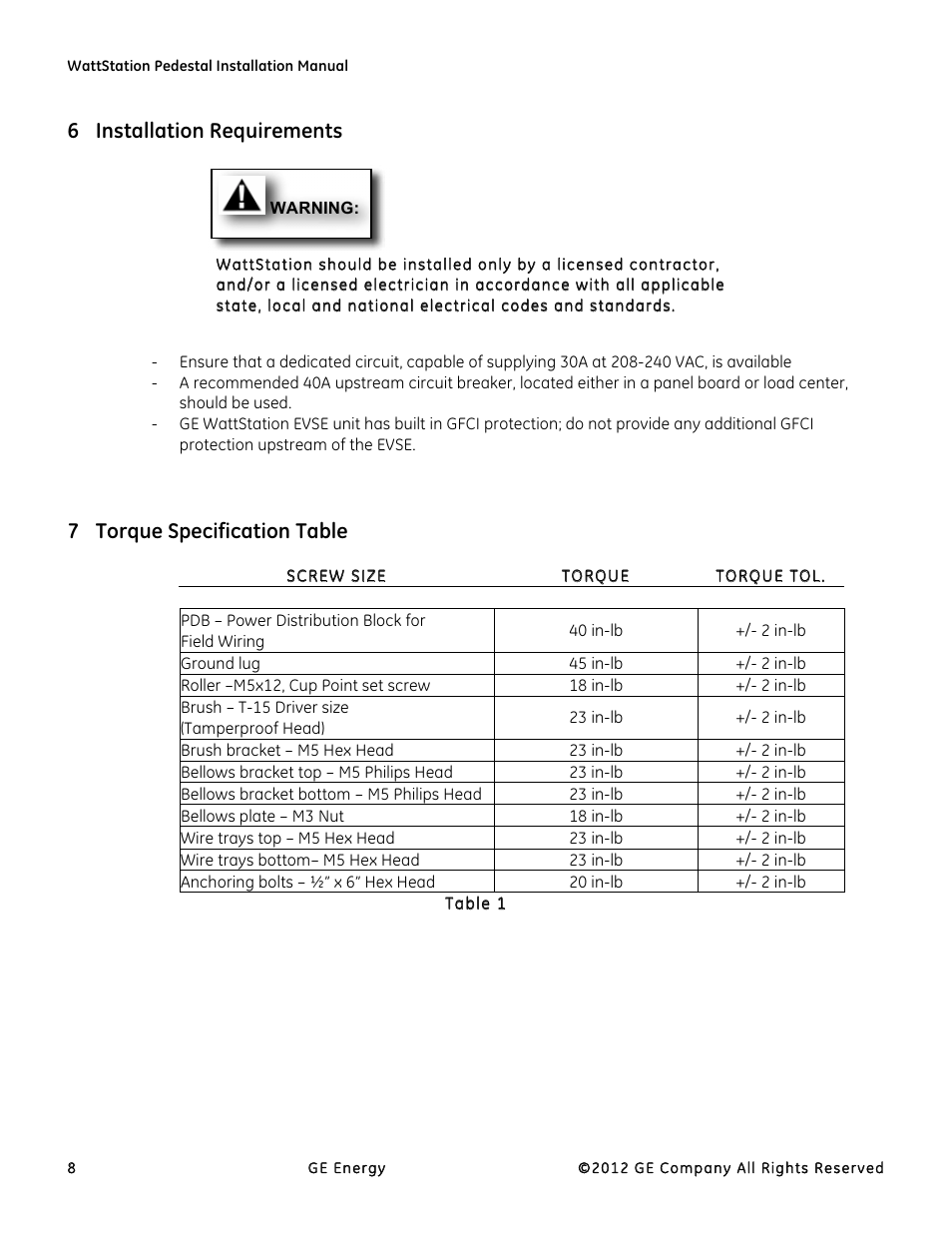 Installation requirements, Torque specification table, 6installation requirements | 7torque specification table | GE Industrial Solutions WattStation Pedestal EVSE Charger Installation User Manual | Page 8 / 20