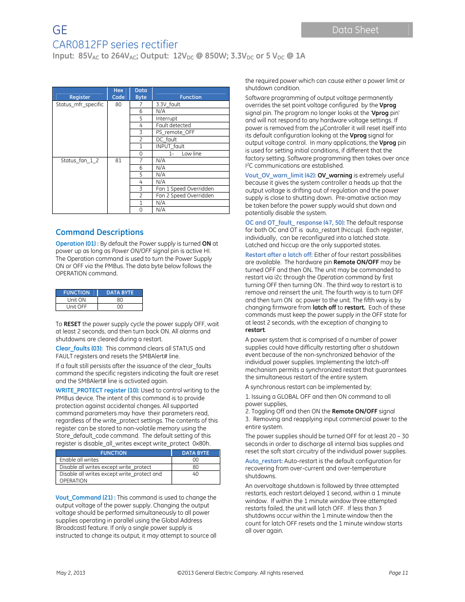 Car0812fp series rectifier, Data sheet, Input: 85v | Output: 12v, Or 5 v, Command descriptions | GE Industrial Solutions CAR0812FP series User Manual | Page 11 / 15